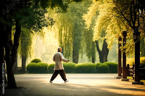 A person practicing tai chi in a park, surrounded by nature and tranquility - Generative AI photo