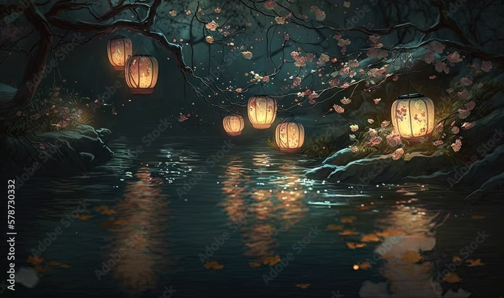  a painting of lanterns floating in the water near a forest.  generative ai