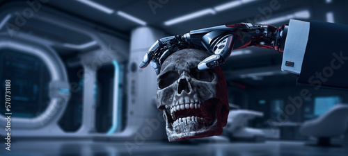cybernetic arm wrapped in business suit holding human skull. Evolution Artificial intelligence concept. AI killing people. high-tech background.