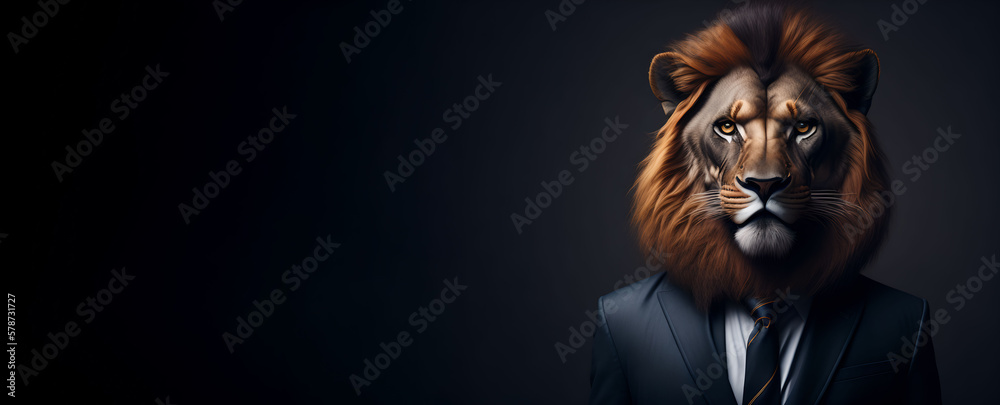 Portrait of Humanoid Anthropomorphic Lion Wearing Businessman Boss Suit in Black Background for Copy Space Banner Generative AI Portrait of Humanoid Anthropomorphic Lion Wearing Businessman Boss Suit in Black Background for Copy Space Banner Generative AI