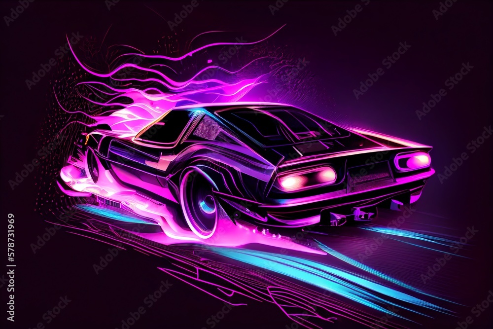 Driving In The Night, Futuristic Synthwave Car In Purple Neon Colours, In Motion. Generative AI Driving In The Night, Futuristic Synthwave Car In Purple Neon Colours, In Motion. Generative AI