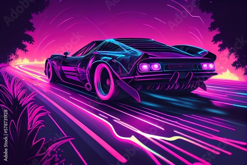 Driving In The Night, Futuristic Synth-Wave Car In Purple Neon Colours. Generative AI © Pixel Matrix