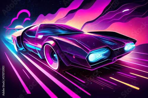 Driving In The Night  Futuristic Synthwave Car In Purple Neon Colours  In Motion. Generative AI