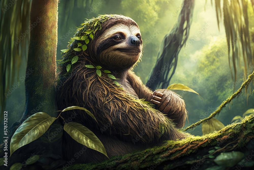 Fototapeta premium Chilling Sloth Soaking in the Sun on a Branch in a Rainforest Canopy, generative ai