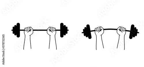 Cartoon barbell weight icon or Strength symbol. Hands lifted barbell weight. Weightlifting sticks or stick, training concept. Weightlifter lifts big or heavy weight barbell. Vector power hands