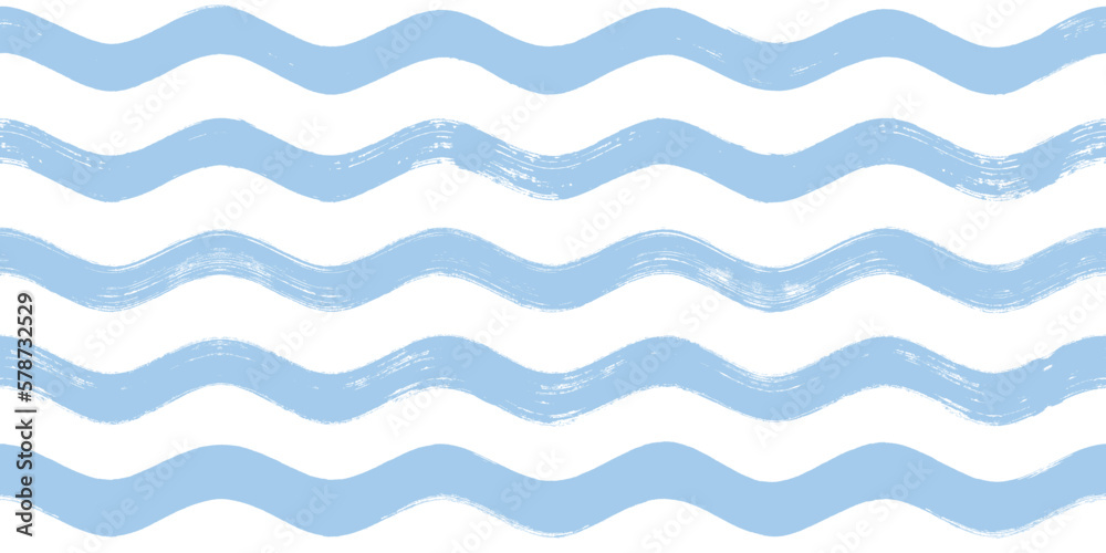 Seamless Wave Pattern, Hand drawn water sea vector background. Wavy beach print, curly grunge paint lines, watercolor