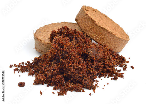 Coconut Coir substrate. Pressed briquette Isolated on White Background