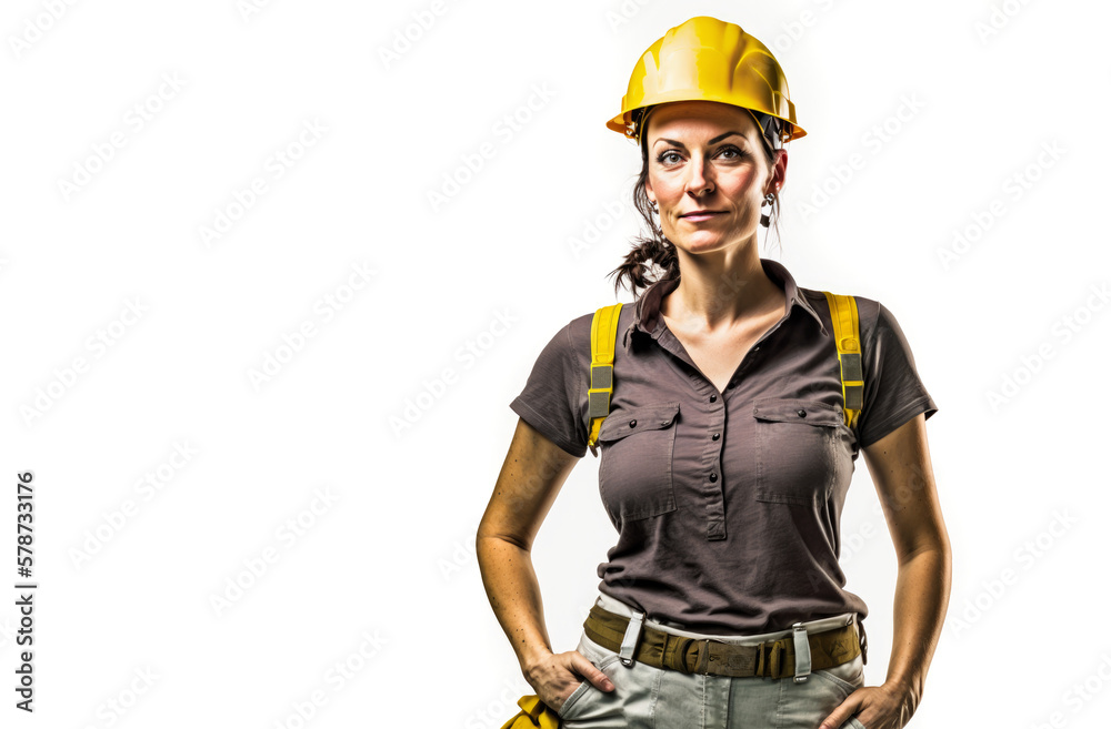 Portrait of a female construction worker wearing hard hat, studio shot, white background. Generative ai Portrait of a female construction worker wearing hard hat, studio shot, white background. Generative ai