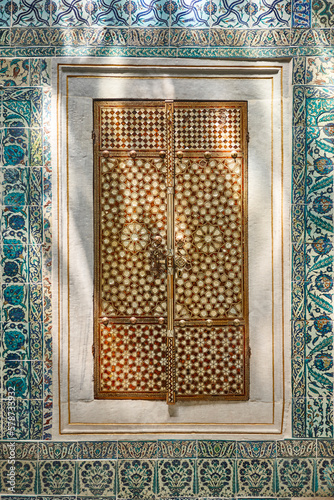 Photography Iznik tiles. Wooden and ivory works in Topkapi palace. Turkey