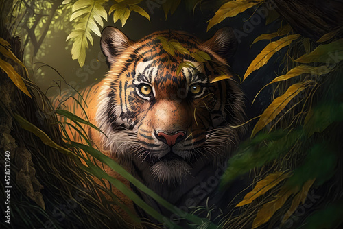 Fierce Tiger peeking out from behind a dense bush in the jungle, generative ai
