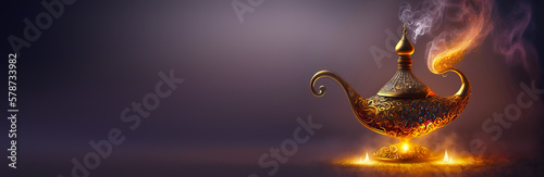 Aladdin's mysterious lamp with glowing smoke, at the time of the appearance of the genie. Generative AI illustration
