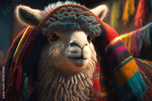 Fluffy baby alpaca with a curious expression peeking out from behind a colorful woven textile in a rustic Andean market, generative ai