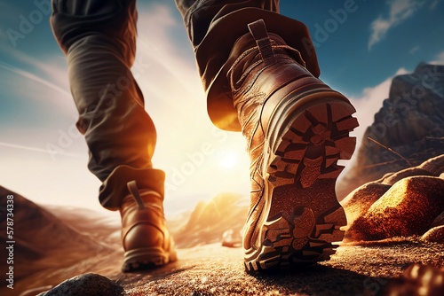Hiker goes against sky and sun, foot close up concept, super realistic, cinematic lighting