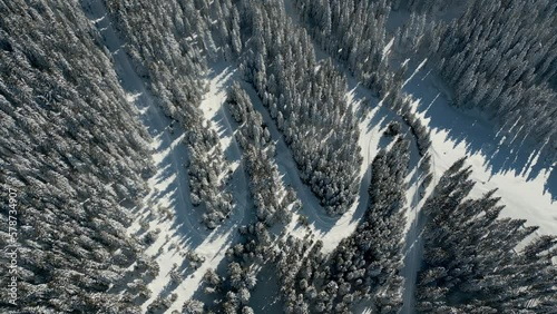 Wallpaper Mural Aerial View of Snow-Covered Pine Forest and Road on a Sunny Day, Shot with a Wide-Angle Drone in Top-Down Perspective Torontodigital.ca