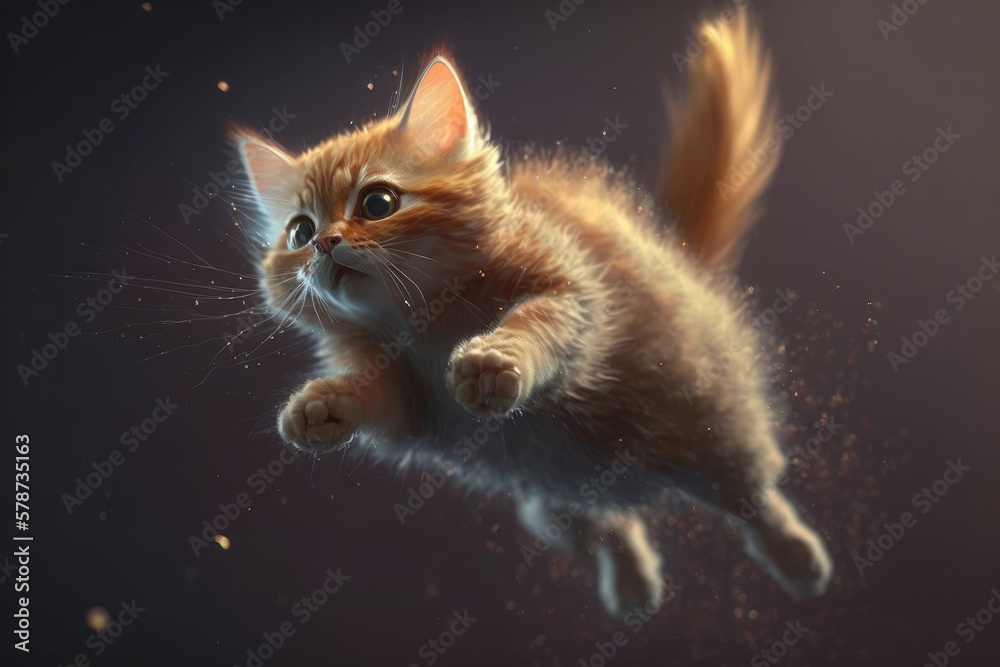 Kitten leaping through the air in a playful pose, generative ai