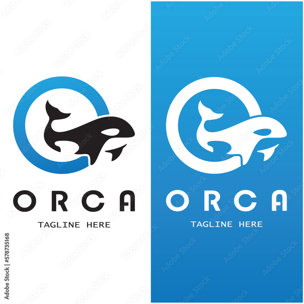 Obraz premium Simple orca whale animal illustration logo creative design, killer whale, underwater animal. Logo for business, identity and branding,badge,conservation,ecology concept,sea animal protection,vector