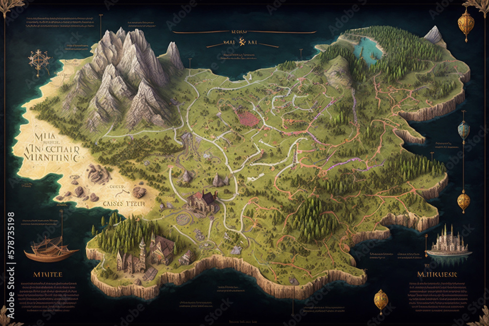 3D rendered fantasy map  magical world filled with lush forests 