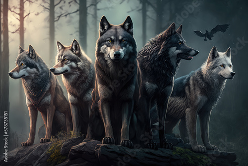 King of the Pack Group of Wild Wolves Sitting Together in the Forest, generative ai