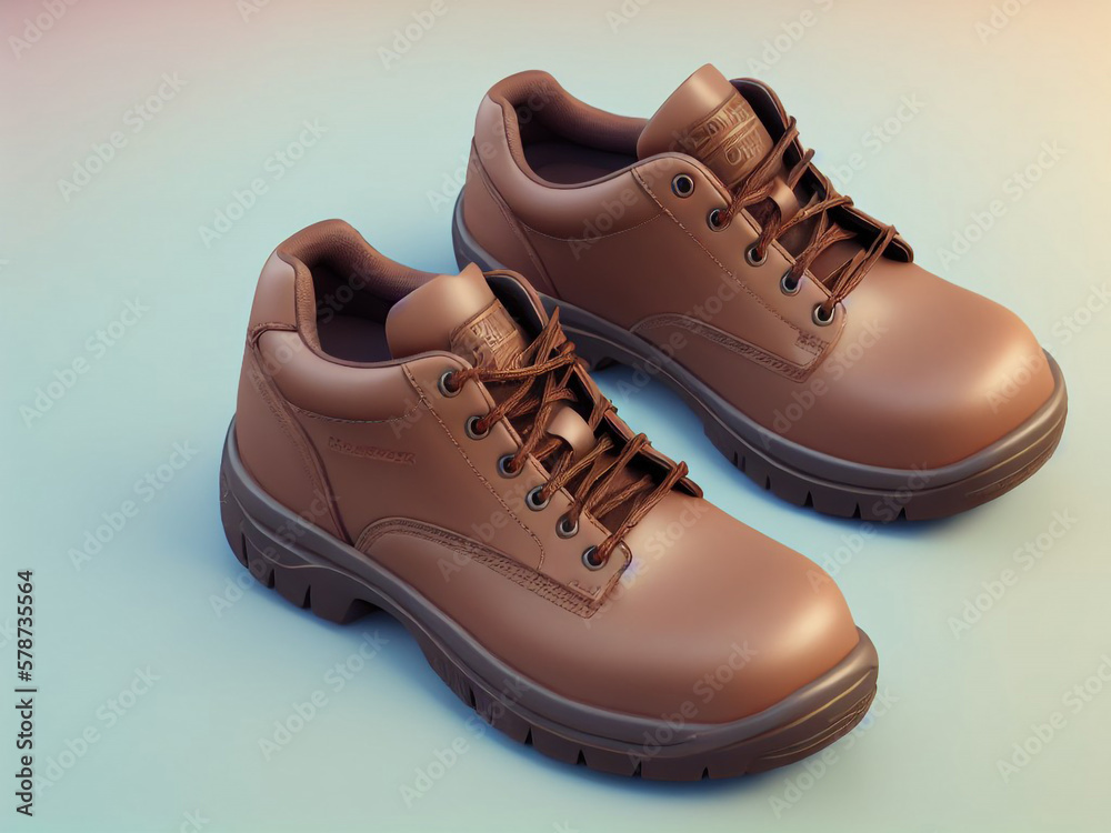 3D illustration of a pair of safety shoes isolated in pastel color background. Image generated by computer. This type of shoe is used to work in risky places to protect the feet from injury.
