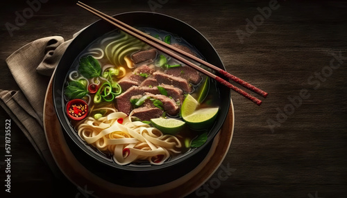 Delicious asian classic soup with noodles and meat and wooden chopsticks. Copy space. Based on Generative AI