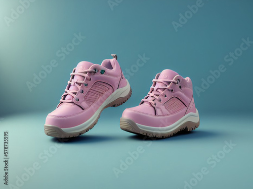 3D illustration of a pair of safety shoes isolated in pastel color background. Image generated by computer. This type of shoe is used to work in risky places to protect the feet from injury. 