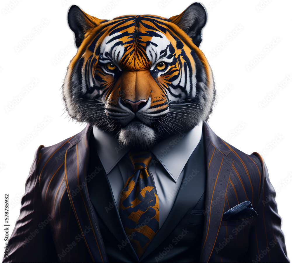 Portrait of Humanoid Anthropomorphic Tiger Wearing Businessman Suit Isolated Transparent Generative AI