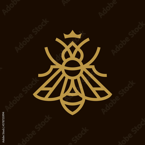 gold queen bee simple line icon logo vector design, modern logo pictogram design of insect animal isolated on dark background