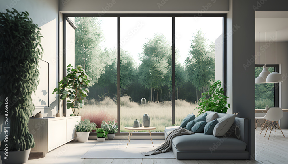 Spacious and bright modern apartment featuring large windows and minimalist design with plants and garden view generative ai