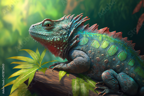 Relaxing Iguana Basking in the Sun on a Rock in a Tropical Rainforest  generative ai