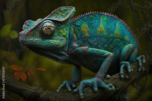 an active reptilian chameleon. Generative AI