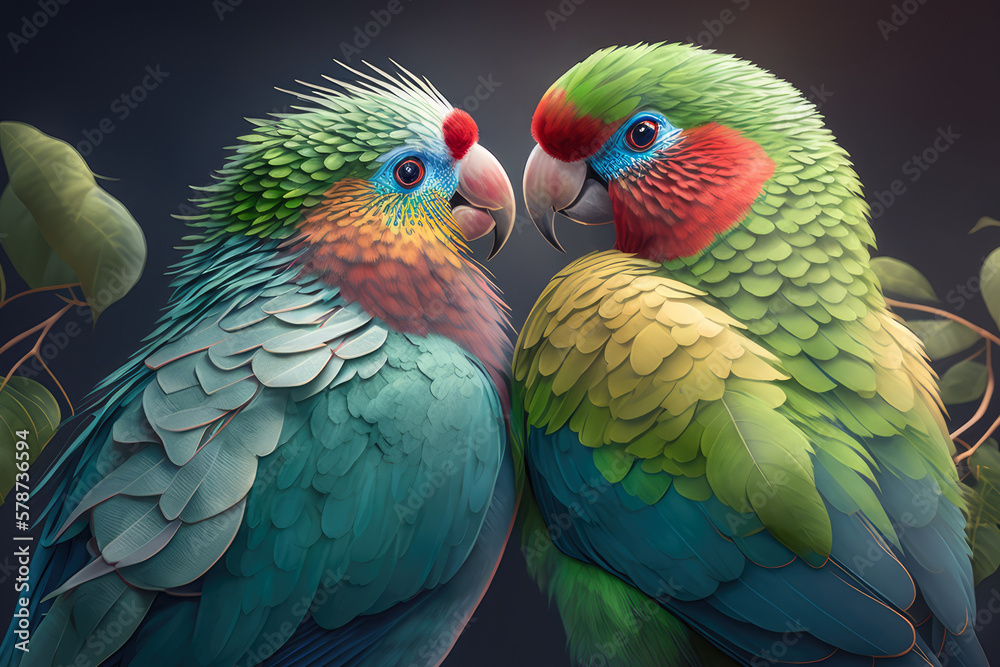 Sweet moment of two lovebirds grooming each other's feathers on a lush green tree branch, generative ai