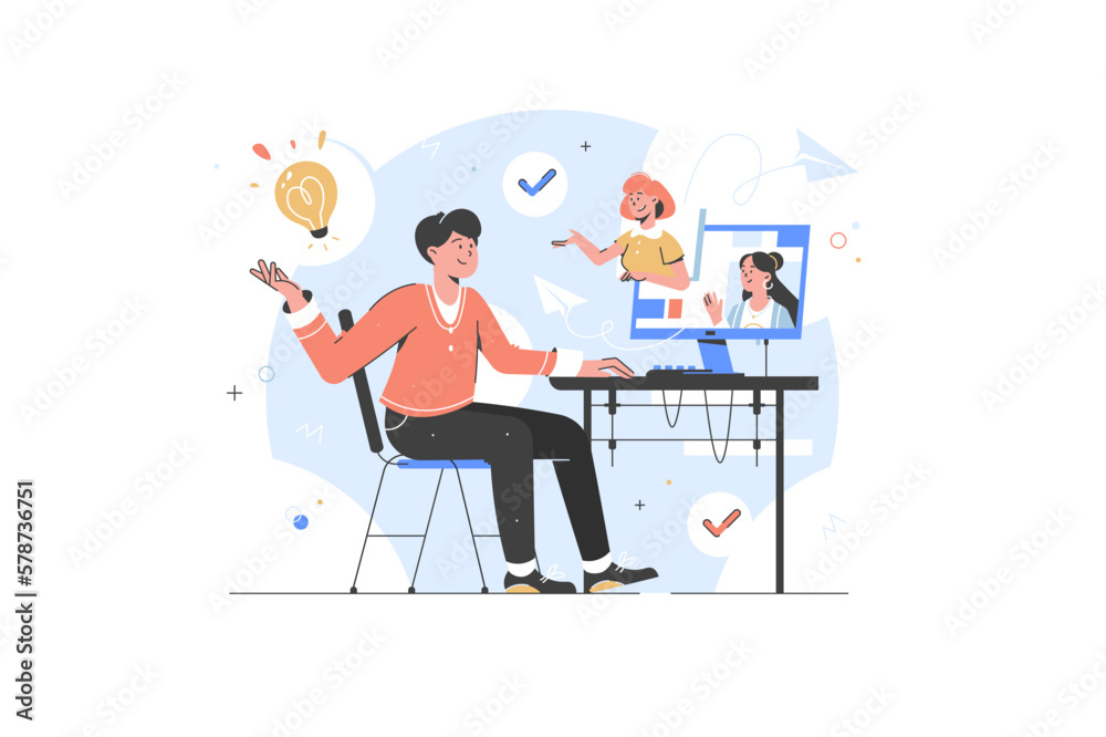 Remote working. Teamwork. At home office conducting video meeting, team building with colleagues. Free video conference with people vector illustation
