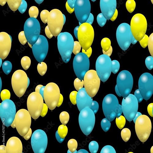 Blue and yellow air party balloons on black background seamless pattern tile