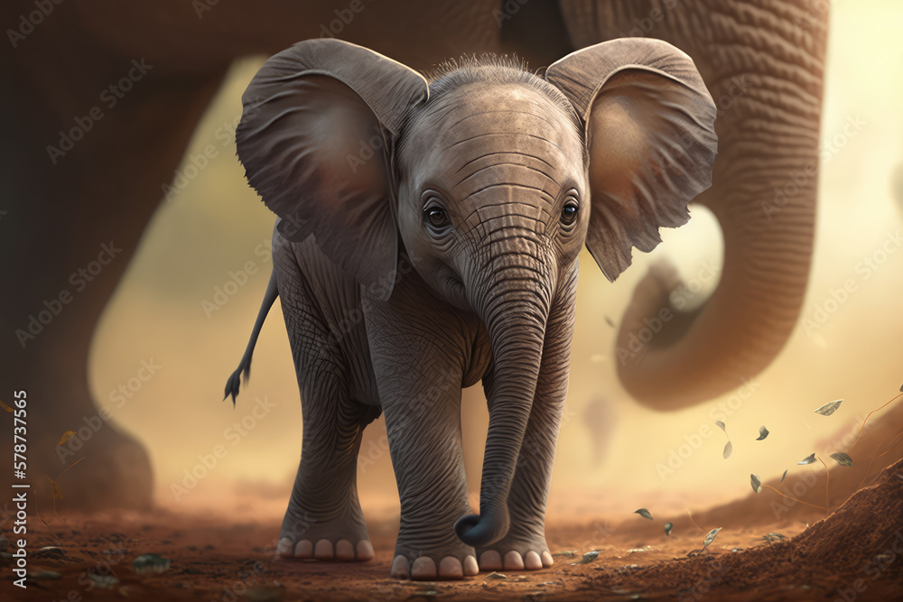 Young elephant calf with a playful look in its eye, raising its trunk in the air, eager to explore its surroundings with its family, generative ai