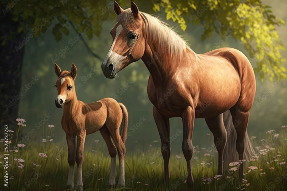 Young Foal standing next to its proud mother in a lush green meadow, generative ai