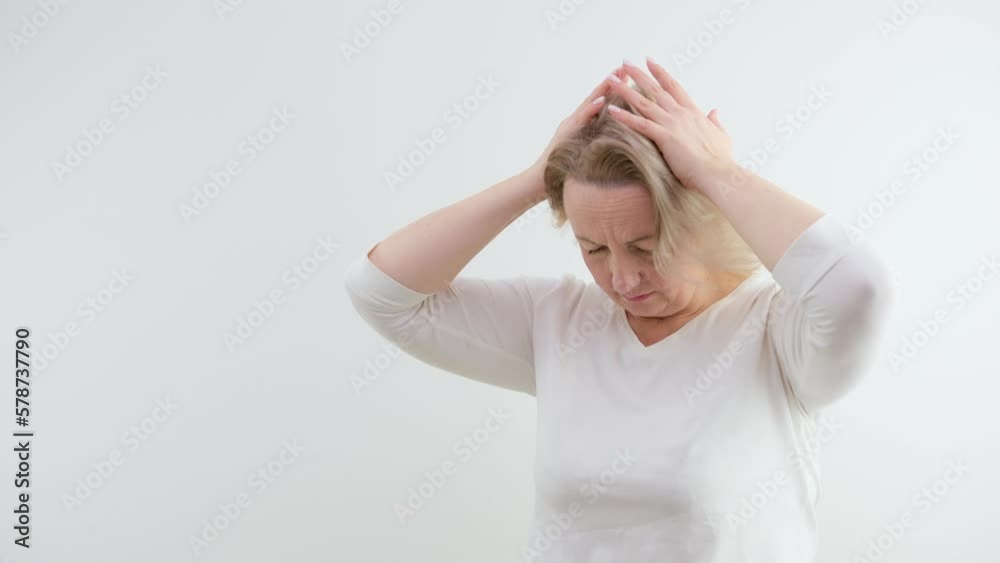 severe headache migraine woman holding hands temple eyes closed wrinkle forehead mouth ajar in meat disease cold coronavirus consequences white background medicine cure recovery severe headache migraine woman holding hands temple eyes closed wrinkle forehead mouth ajar in meat disease cold coronavirus consequences white background medicine cure recovery