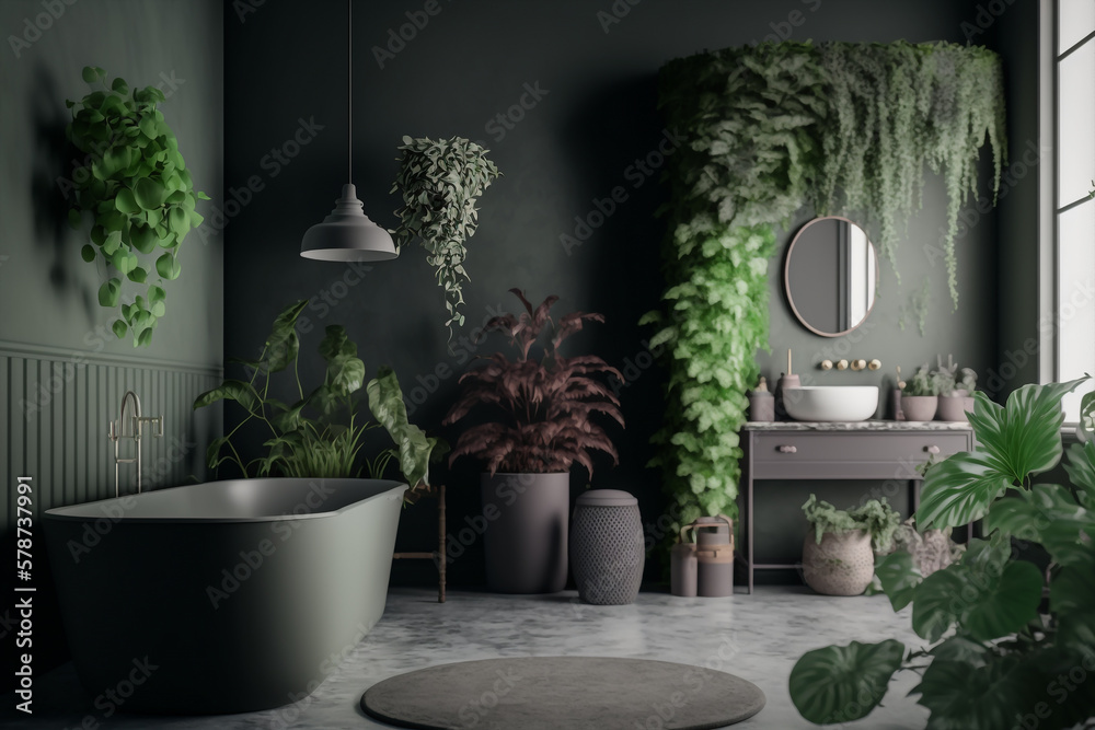 generative AI illustration with an interior bathroom with a nice bathtub, jungle green wall,   luxury home decor concept theme