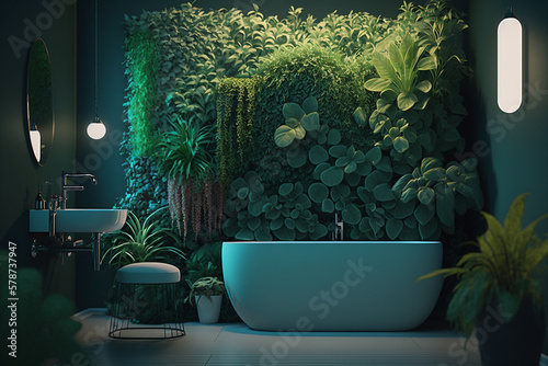 generative AI illustration with an interior bathroom with a nice bathtub, jungle green wall, luxury home decor concept theme