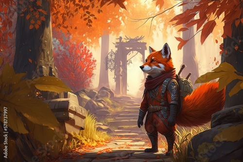 Young fox with a backpack walking along a path in a serene autumn forest, generative ai