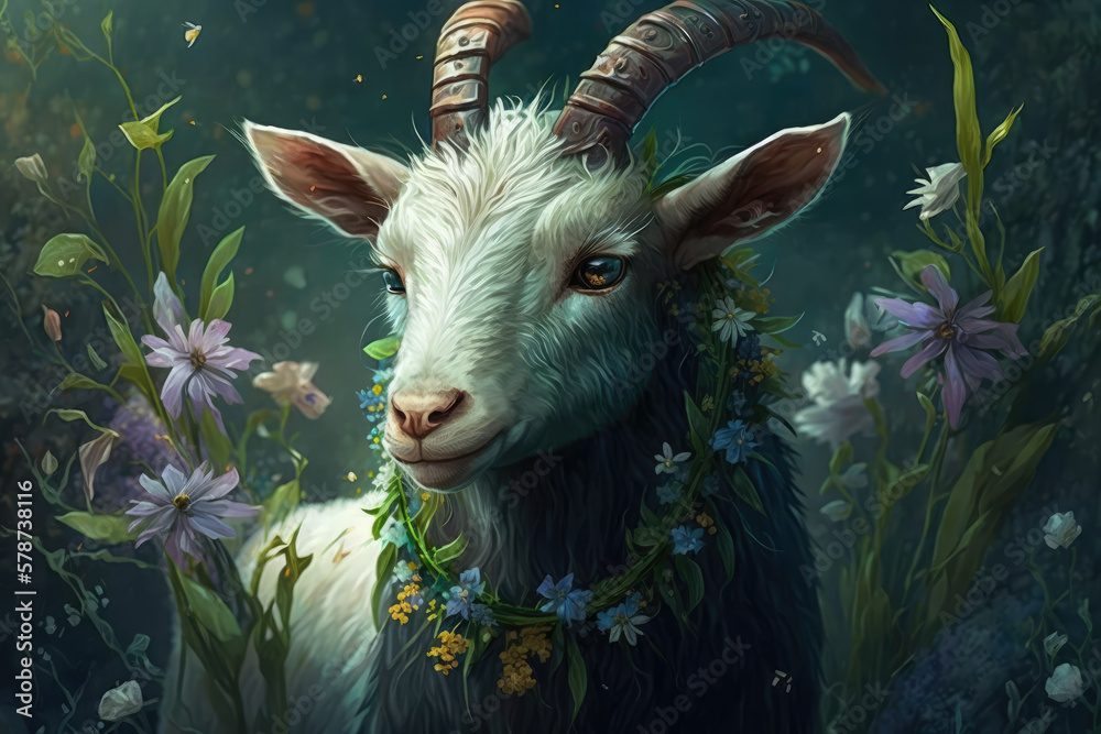 Young goat with a puzzled expression, standing in a green meadow with colorful flowers around it, generative ai