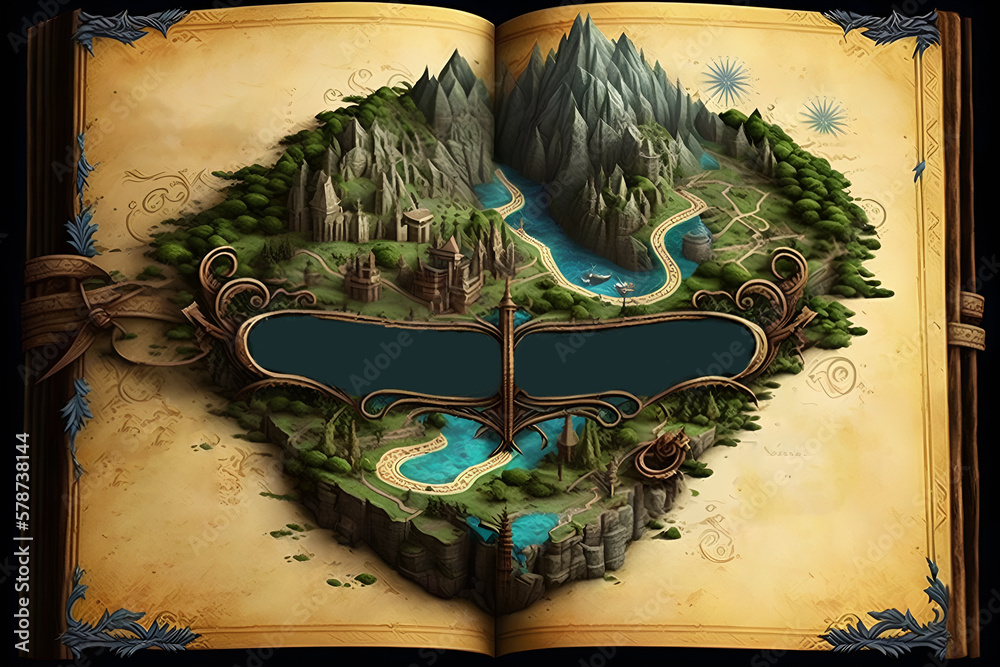 3D rendered fantasy map  magical world filled with lush forests 