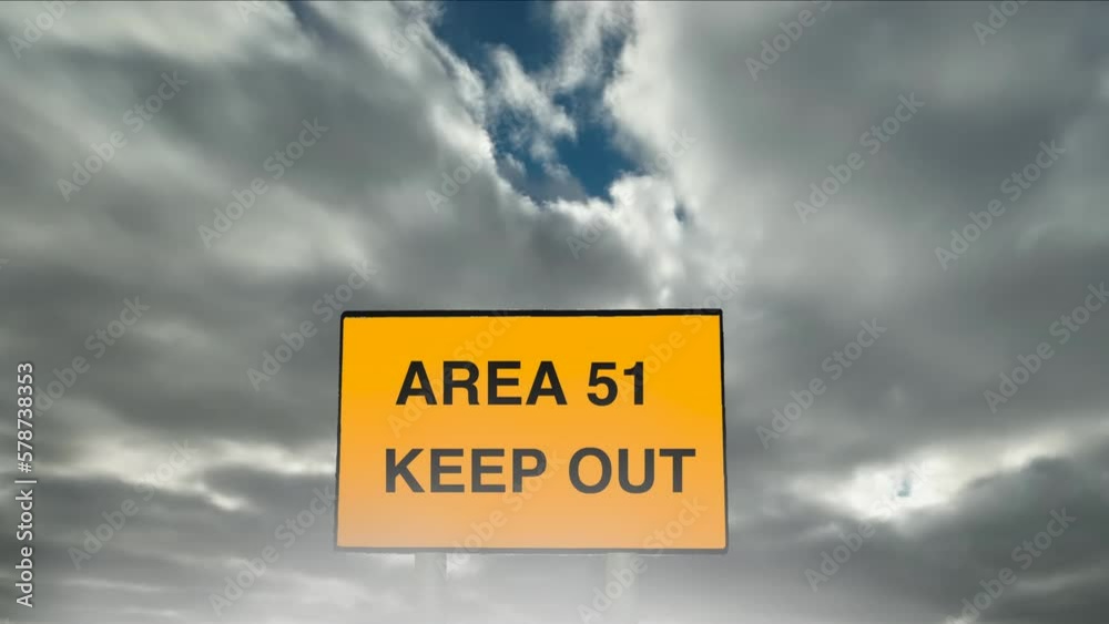 Zoom into a simulation of a secret military base Area 51 Keep Out sign ...