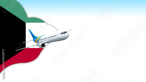 3d illustration plane with Kuwait flag background for business and travel design