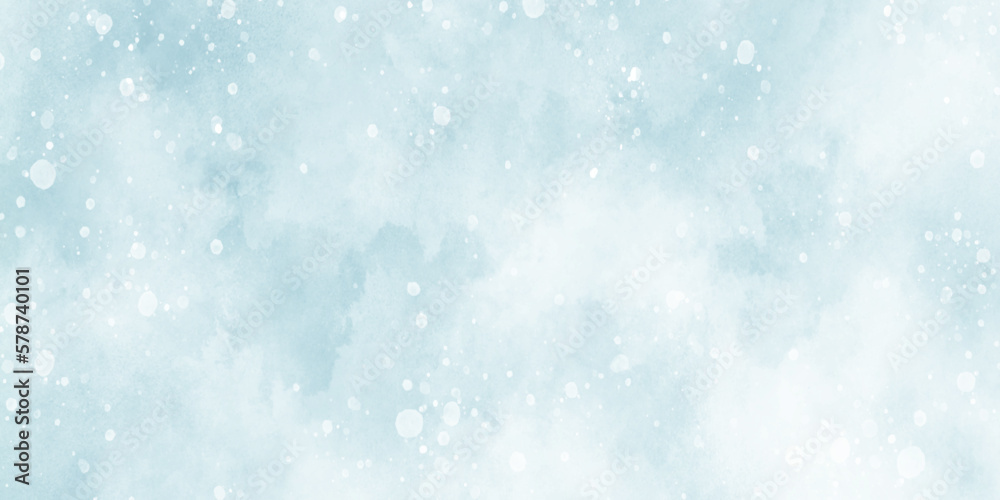 Fototapeta premium Abstract light blur defocused blue background with bokeh, Beautiful winter background of snow floating into air randomly, light blue bokeh background for wallpaper, invitation, cover and design. 
