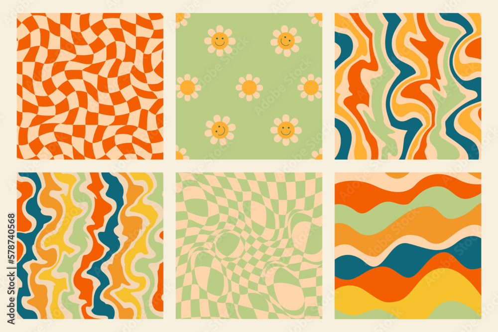 Fototapeta premium Poster with 70s retro style. Set of isolated 1970s Retro pattern groovy trippy. Wavy Swirl Pattern. Flowers and psychedelic abstract background. Seventies Style. Hippie Aesthetic. Vector Illustration
