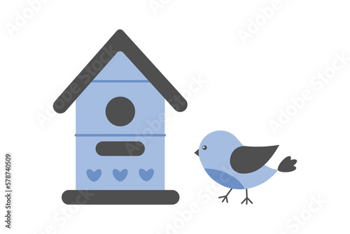 Cute bird and beautiful blue wooden birdhouse. Protection of birds and animals. Bird Day. For design of nursery, children's clothing, postcards. Spring vector illustration in flat cartoon style