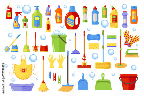 Large set on theme of cleaning house and office. Home chemical detergent in bottles, household tools, equipment. Cleaning products for housework. Cleaning supplies set. Vector illustration 
