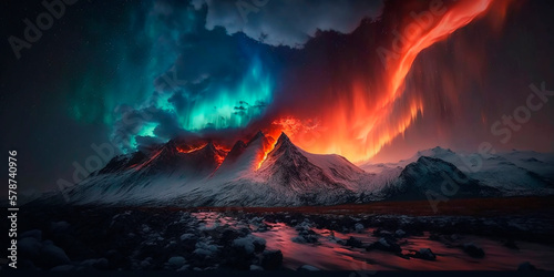 landscape in the Arctic at the North Pole among the snow on a background of colorful northern lights in the sky with stars, polar night, a natural phenomenon. Generative AI