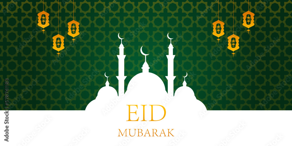 Eid al Adha Mubarak islamic greeting card design with domed mosqu and hanging lantern in paper cut style. Background vector illustration EPS 10