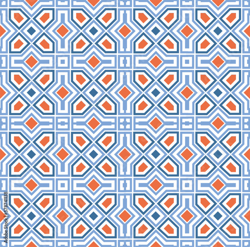 Arabesque geometric tissue pattern. Mosaic square fabric background. Muslim arab style texture with asian decor motifs.